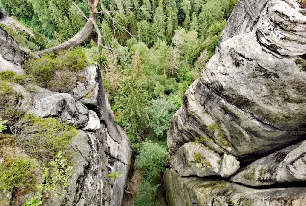 Ausblick von der Basteibrücke: Tief geht es zwischen den Felsen der Bastei hinunter 